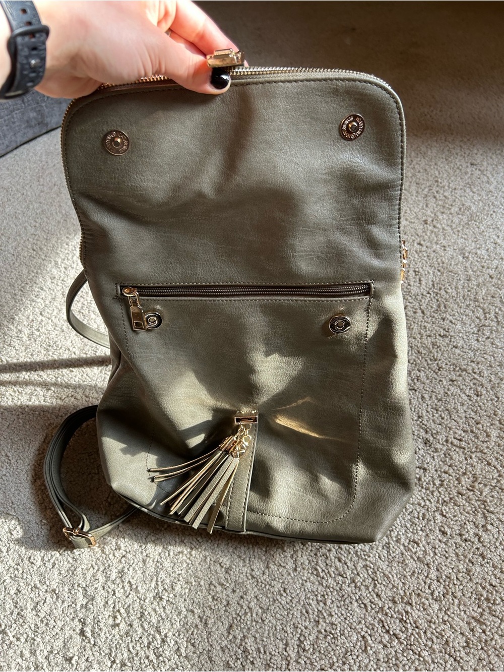 Women's Olive Green Leather Backpack Tote with Tassel - Picture 3 of 4
